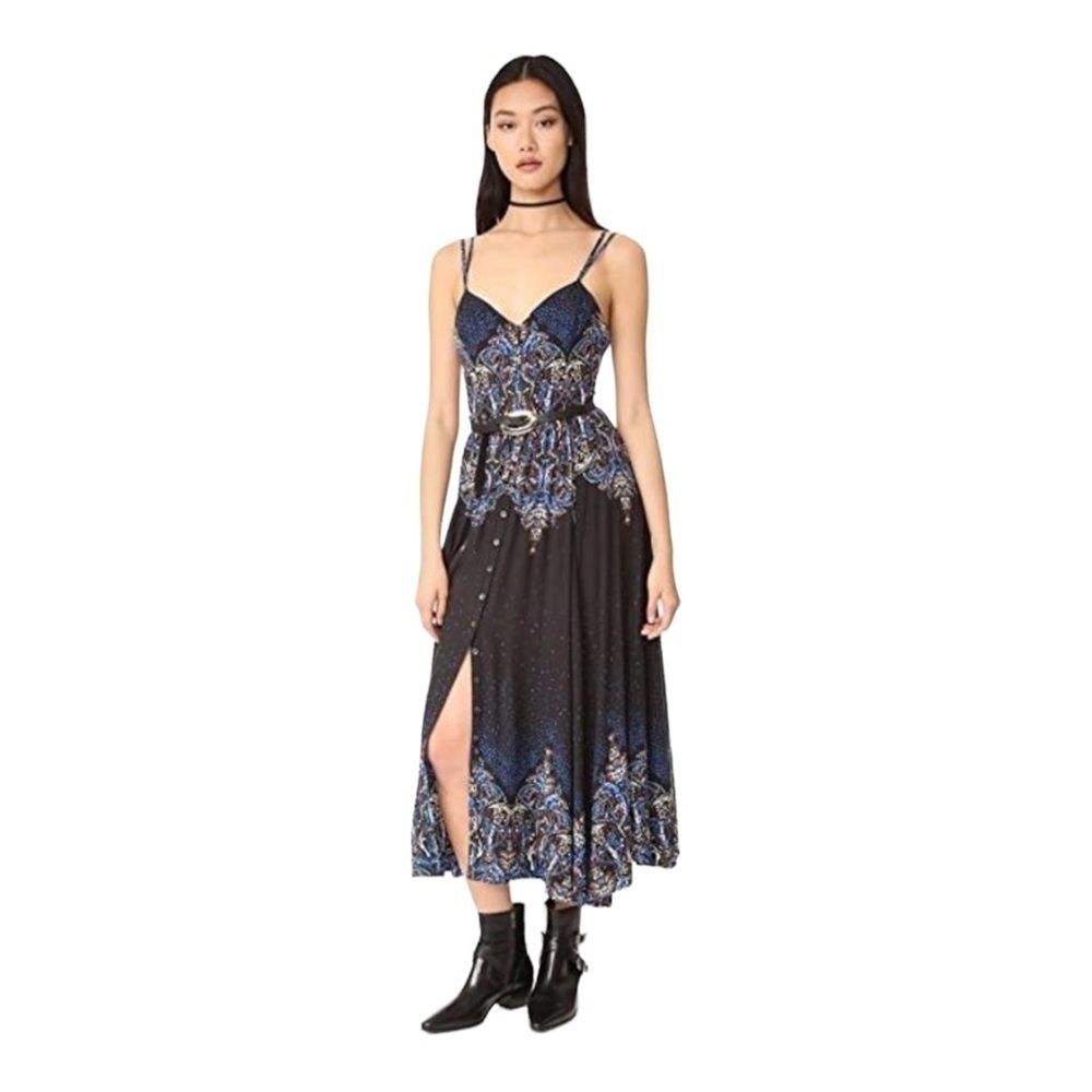 FREE PEOPLE Black Blue Boho Printed Sleeveless Button Front Maxi Dress Small - Picture 9 of 16